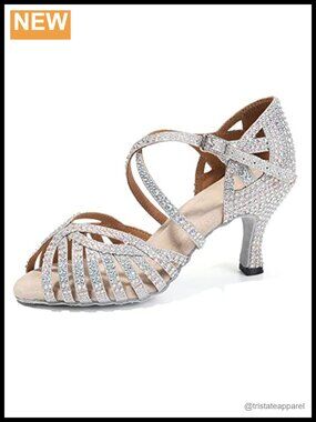 Rhinestone Latin Ballroom Dance Shoes Open Toe 3 Inch Heel Suede Sole